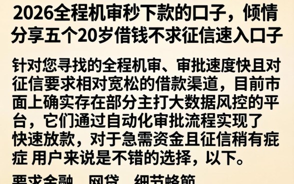 2026全程机审秒下款的口子，倾情分享五个20岁借钱不求征信速借口子