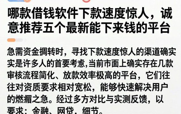 哪款借钱软件下款速度惊人，诚意推荐五个最新能下来钱的平台