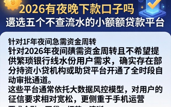 2026有夜晚下款的口子吗，遴选五个不查流水的小额度贷款平台