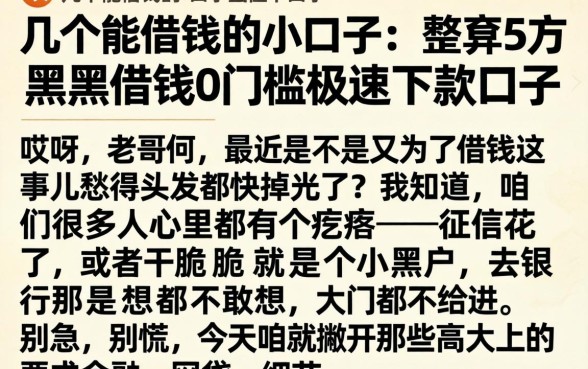 几个能借钱的小口子，规整5个黑户借钱0门槛极速下款口子