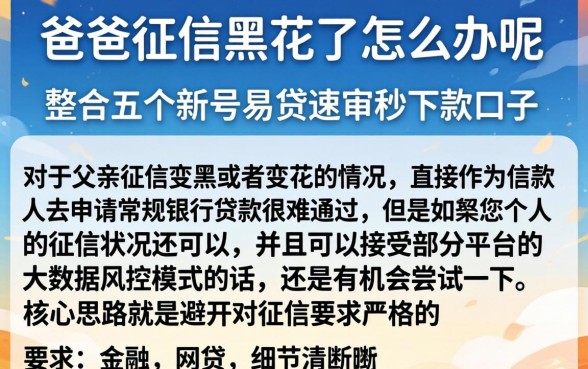 爸爸征信黑花了怎么办呢，整合五个新号易贷速审秒下款口子