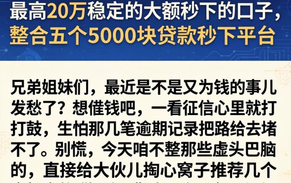 最高20万稳定的大额秒下的口子，整合五个5000块贷款秒下平台