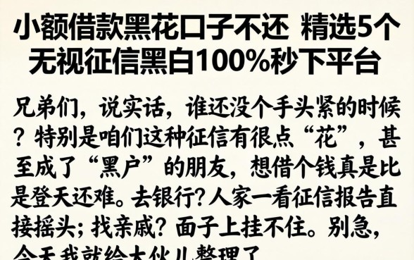 小额借款黑花口子不还，精选5个无视征信黑白100%秒下平台