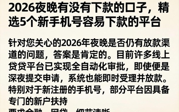 2026夜晚有没有下款的口子，精选5个新手机号容易下款的平台