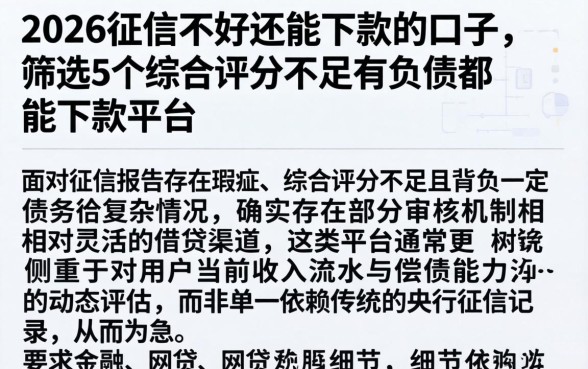 2026征信不好还能下款的口子，筛选5个综合评分不足有负债都能下款平台