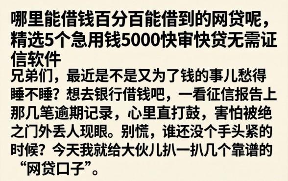 哪里能借钱百分百能借到的网贷呢，精选5个急用钱5000快审快贷无需征信软件