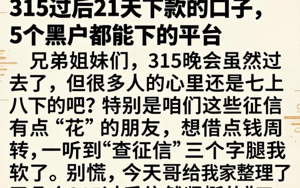 315过后21天下款的口子，详细阐述5个黑户都能下的平台