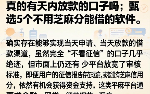 真的有天内放款的口子吗，甄选5个不用芝麻分能借的软件