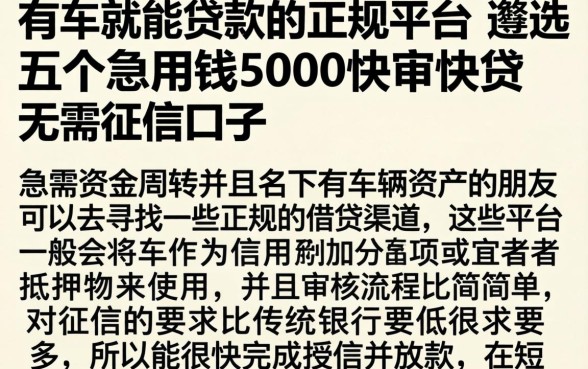 有车就能贷款的正规平台，遴选五个急用钱5000快审快贷无需征信口子