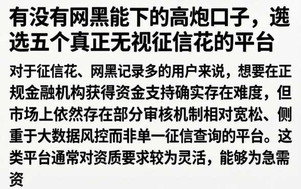 有没有网黑能下的高炮口子，遴选五个真正无视征信花的平台