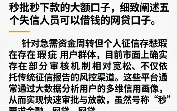 秒批秒下款的大额口子,细致阐述五个失信人员可以借钱的网贷口子