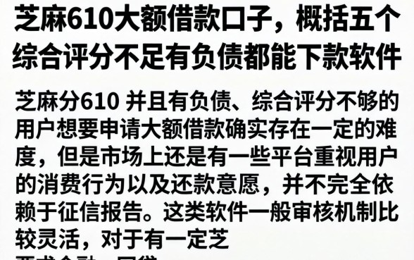 芝麻610大额借款口子，概括五个综合评分不足有负债都能下款软件