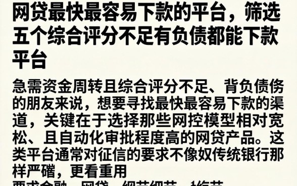 网贷最快最容易下款的平台，筛选五个综合评分不足有负债都能下款平台