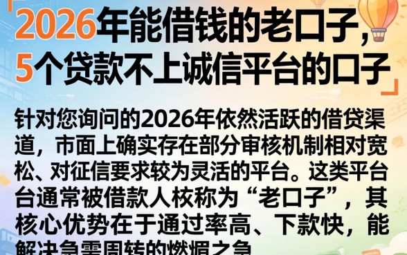 2026年能借钱的老口子，概括5个贷款不上诚信平台的口子