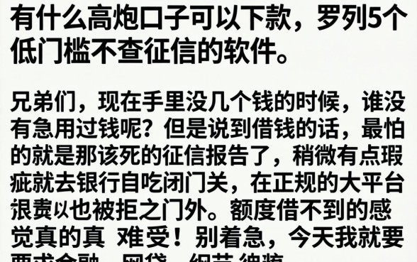有什么高炮口子可以下款，罗列5个低门槛不查征信的软件