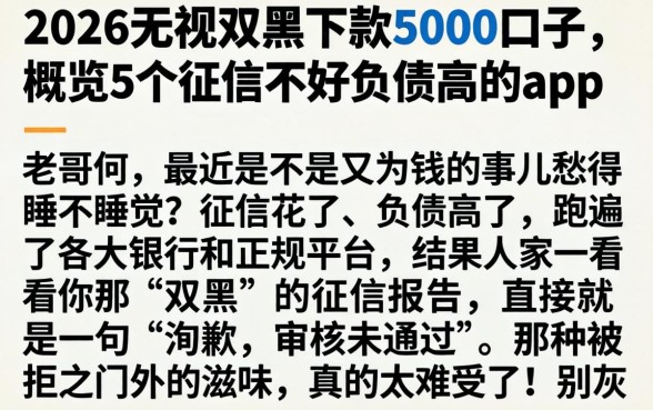 2026无视双黑下款5000的口子，概览5个征信不好负债高的app