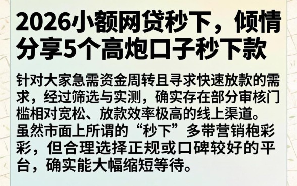 2026小额网贷秒下，倾情分享5个高炮口子秒下款