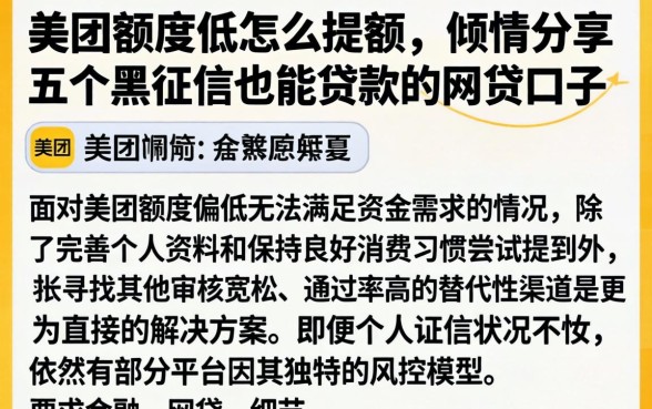 美团额度低怎么提额，倾情分享五个黑征信也能贷款的网贷口子