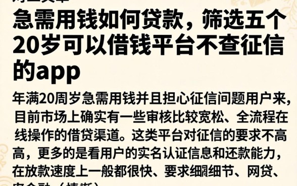 急需用钱如何贷款，筛选五个20岁可以借钱平台不查征信的app