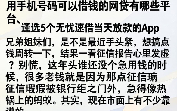 用手机号码可以借钱的网贷有哪些平台，遴选5个无忧速借当天放款的app