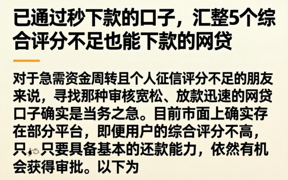 已通过秒下款的口子，汇整5个综合评分不足也能下款的网贷