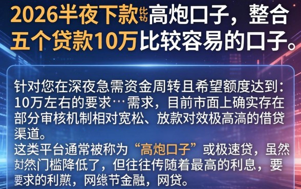 2026半夜下款的高炮口子，整合五个贷款10万比较容易的口子