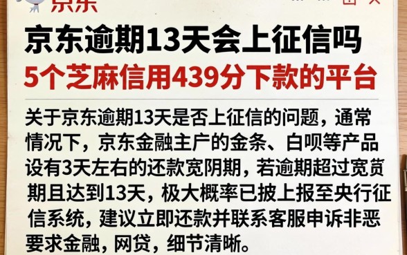 京东逾期13天会上征信吗，详尽说明5个芝麻信用439分下款的平台