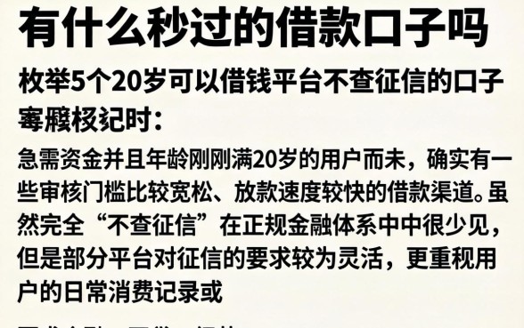 有什么秒过的借款口子吗，枚举5个20岁可以借钱平台不查征信的口子