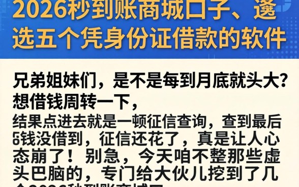 2026秒到账商城口子，遴选五个凭身份证借款的软件