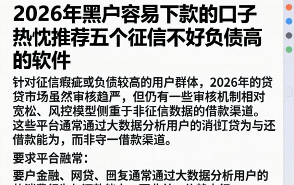 2026年黑户容易下款的口子，热忱推荐五个征信不好负债高的软件