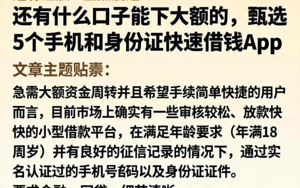 还有什么口子能下大额的，甄选5个手机和身份证快速借钱app