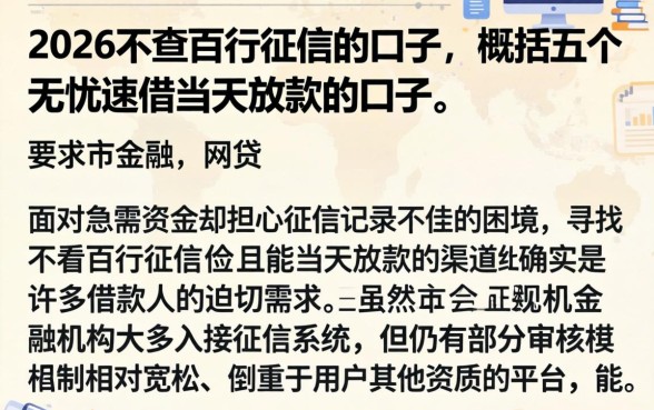 2026不查百行征信的口子，概括五个无忧速借当天放款的口子