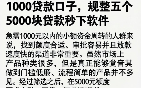 1000贷款口子，规整五个5000块贷款秒下软件