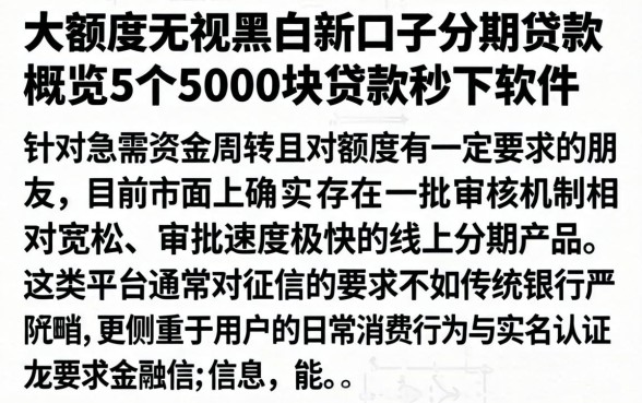 大额度无视黑白新口子分期贷款，概览5个5000块贷款秒下软件