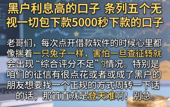 黑户利息高的口子，条列五个无视一切包下款5000秒下款的口子