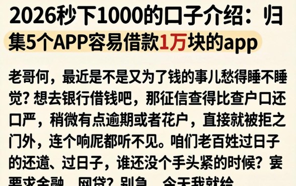 2026秒下1000的口子介绍，归集5个APP容易借款1万块的app