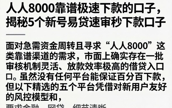 人人8000靠谱极速下款的口子，揭秘5个新号易贷速审秒下款口子
