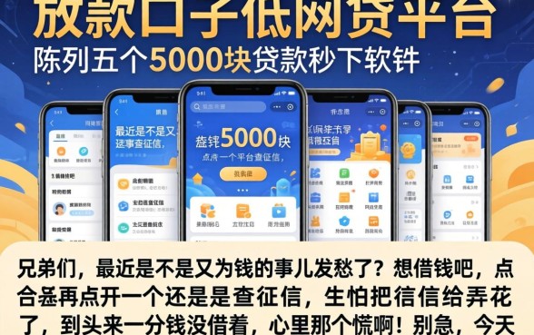 放款口子低的网贷平台，陈列五个5000块贷款秒下软件
