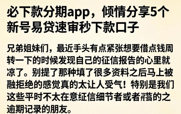 必下款分期app，倾情分享5个新号易贷速审秒下款口子
