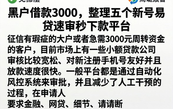 黑户借款3000，整理五个新号易贷速审秒下款平台