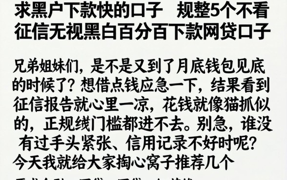 求黑户下款快的口子，规整5个不看征信无视黑白百分百下款网贷口子