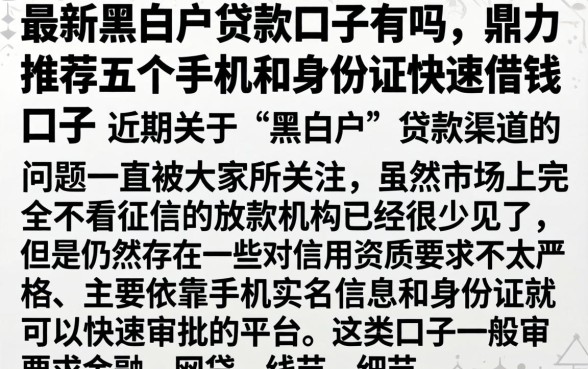 最新黑白户贷款口子有吗，鼎力推荐五个手机和身份证快速借钱口子