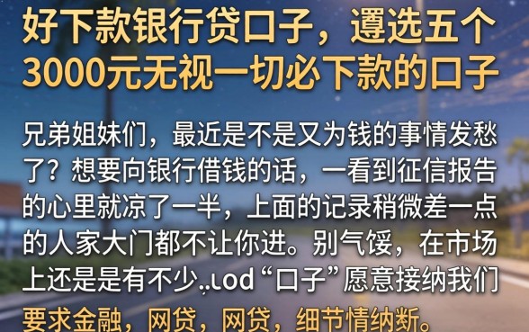 好下款的银行贷口子，遴选五个3000元无视一切必下款的口子