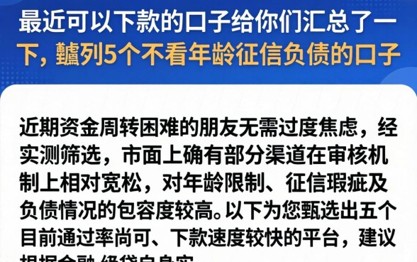 最近可以下款的口子给你们汇总了一下，胪列5个不看年龄征信负债的口子