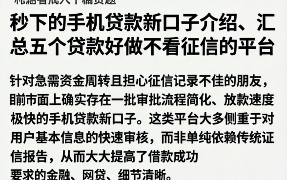 秒下的手机贷款新口子介绍，汇总五个贷款好做不看征信的平台