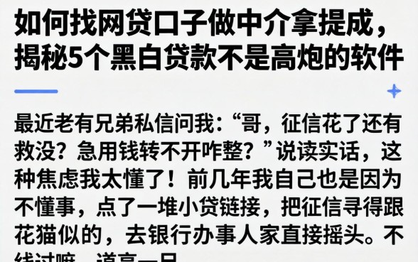 如何找网贷口子做中介拿提成，揭秘5个黑白贷款不是高炮的软件