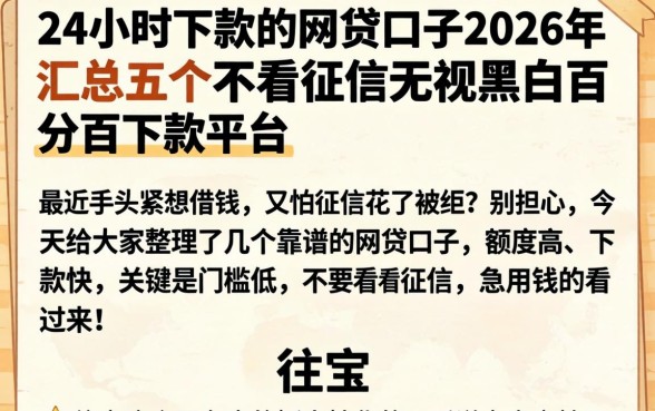 24小时下款的网贷口子2026年，汇总五个不看征信无视黑白百分百下款平台