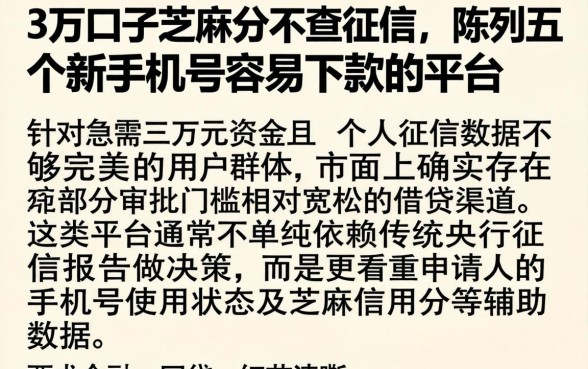 3万口子芝麻分不查征信，陈列五个新手机号容易下款的平台