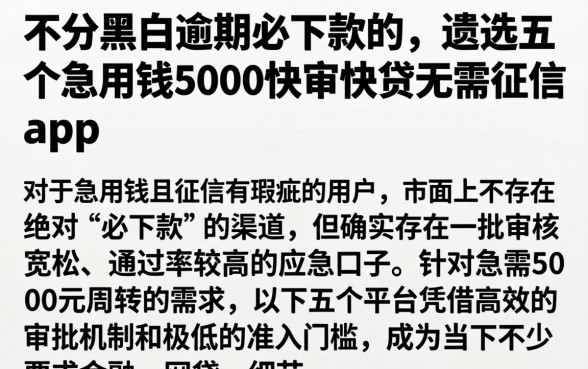 不分黑白逾期必下款的，遴选五个急用钱5000快审快贷无需征信app