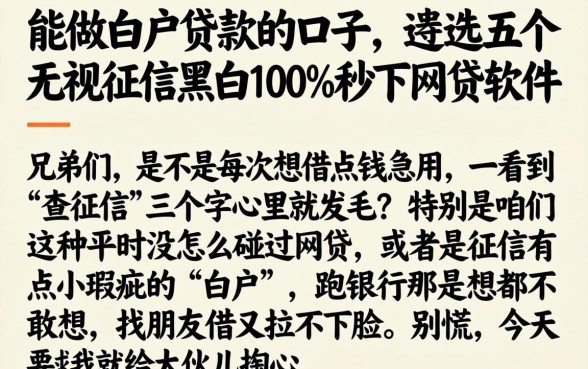 能做白户贷款的口子，遴选五个无视征信黑白100%秒下网贷软件